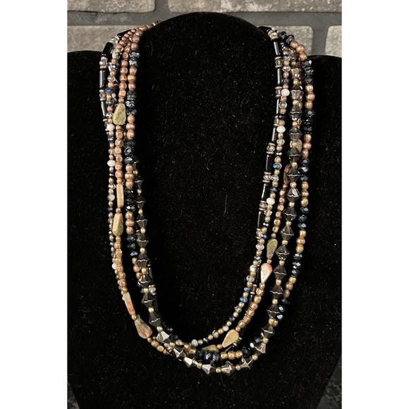 18 1/2” Multistrand Beaded Necklace Copper, Stone, Hematite Boho Earthy Natural - Picture 1 of 4
